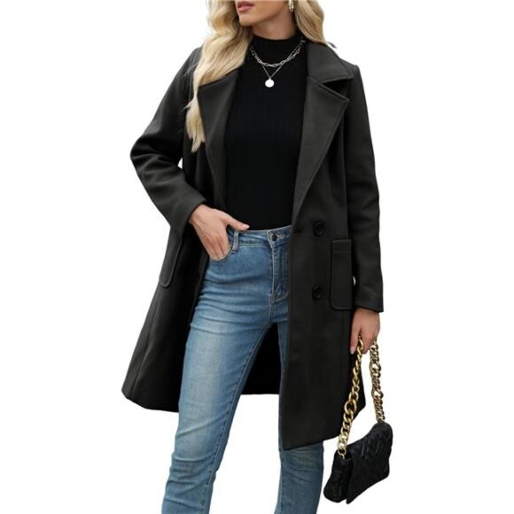 Women Mid-Long Coat Notch Double-Breasted Black